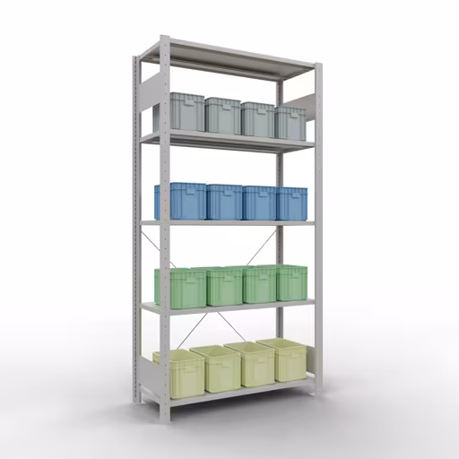 Produktbild Nr 13 des Artikels Grundregal, Fachbodenregal Stecksystem MULTIplus85, 2000 x 1000 x 400 mm (HxBxT), 5 Fachböden, Kreuzstrebe, RAL 7035 lichtgrau Abbildung Nr 13 des Artikels Grundregal, Fachbodenregal Stecksystem MULTIplus85, 2000 x 1000 x 400 mm (HxBxT), 5 Fachböden, Kreuzstrebe, RAL 7035 lichtgrau aus der Produktgruppe Stecksystem von der Marke Schulte Lagertechnik