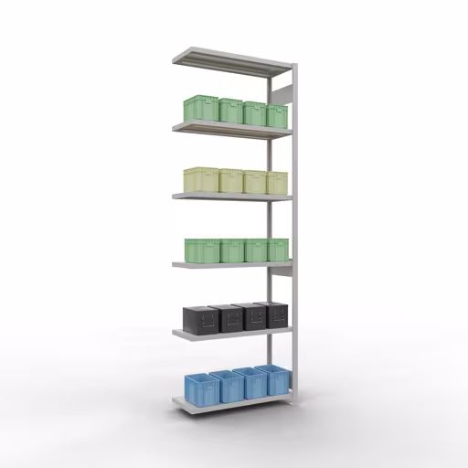 Abbildung Nr 15 des Artikels Anbauregal, Fachbodenregal Stecksystem MULTIplus250, 3000 x 1000 x 400 mm (HxBxT), 7 Fachböden, Längenriegel, RAL 7035 lichtgrau aus der Produktgruppe Stecksystem von der Marke Schulte Lagertechnik