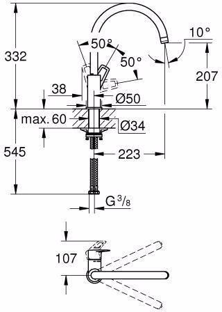 Technische Zeichnung 4079540 GROHE Einhand-Spültischbatterie BauLoop 31368 hoher Auslauf chrom