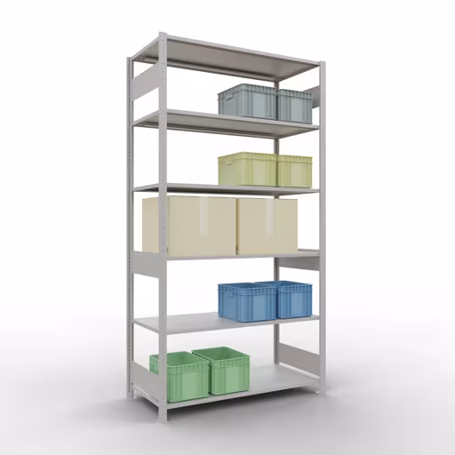 Zusatzbild des Artikels Grundregal, Fachbodenregal Stecksystem MULTIplus150, 2500 x 1300 x 600 mm (HxBxT), 6 Fachböden, Längenriegel, RAL 7035 lichtgrau aus Grundregal