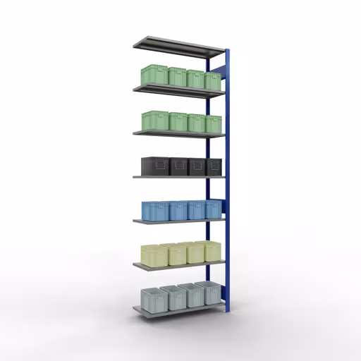 Abbildung Nr 13 des Artikels Anbauregal, Fachbodenregal Stecksystem MULTIplus85, 3000 x 1000 x 400 mm (HxBxT), 7 Fachböden, Längenriegel, RAL 5010 enzianblau aus der Produktgruppe Stecksystem von der Marke Schulte Lagertechnik
