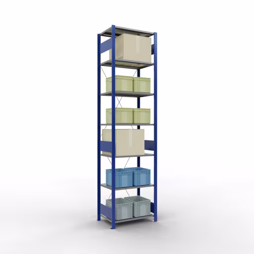Grundregal, Fachbodenregal Stecksystem MULTIplus150, 3000 x 750 x 500 mm (HxBxT), 7 Fachböden, Kreuzstrebe, RAL 5010 enzianblau/verzinkt/verzinkt von Schulte Lagertechnik aus der Kategorie Stecksystem