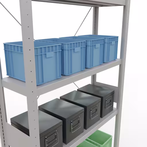 Produktbild Nr 15 des Artikels Grundregal, Fachbodenregal Stecksystem MULTIplus330, 3000 x 1000 x 300 mm (HxBxT), 7 Fachböden, Kreuzstrebe, RAL 7035 lichtgrau Abbildung Nr 15 des Artikels Grundregal, Fachbodenregal Stecksystem MULTIplus330, 3000 x 1000 x 300 mm (HxBxT), 7 Fachböden, Kreuzstrebe, RAL 7035 lichtgrau aus der Produktgruppe Stecksystem von der Marke Schulte Lagertechnik