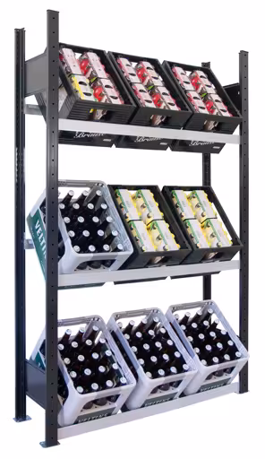 Abbildung Nr 9 des Artikels Grundregal, Getränkekistenregal 1800 x 1000 x 300 mm (HxBxT), schwarz/silber, 3 Ebenen für 9 Getränkekisten aus der Produktgruppe Fachbodenregale von der Marke Schulte Lagertechnik