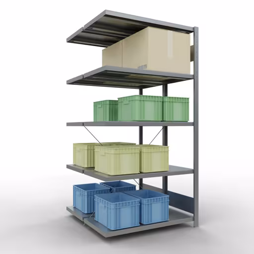 Produktbild Nr.6 des Artikels Anbauregal, Doppelregal, Fachbodenregal Stecksystem MULTIplus250, 2000 x 1000 x (2x500) mm (HxBxT), 2x5 Fachböden, Kreuzstrebe, verzinkt aus der Produktreihe Fachbodenregale von der Marke Schulte Lagertechnik