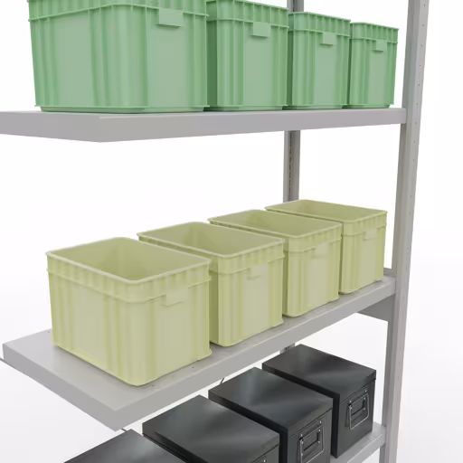 Abbildung Nr 13 des Artikels Anbauregal, Fachbodenregal Stecksystem MULTIplus330, 2500 x 1000 x 400 mm (HxBxT), 6 Fachböden, Kreuzstrebe, RAL 7035 lichtgrau aus der Produktgruppe Stecksystem von der Marke Schulte Lagertechnik