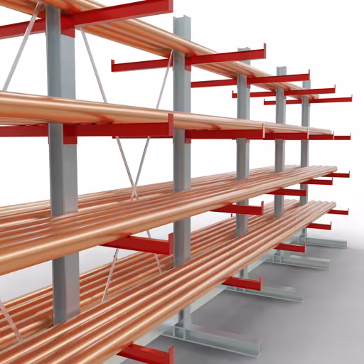 Abbildung Nr 12 des Artikels K 3000 Komplettregal, doppelseitig, 2500 x 6500 x 600 mm, RAL 7001 / RAL 3000, 5 Lagerebenen aus der Produktgruppe Kragarmregale von der Marke Schulte Lagertechnik
