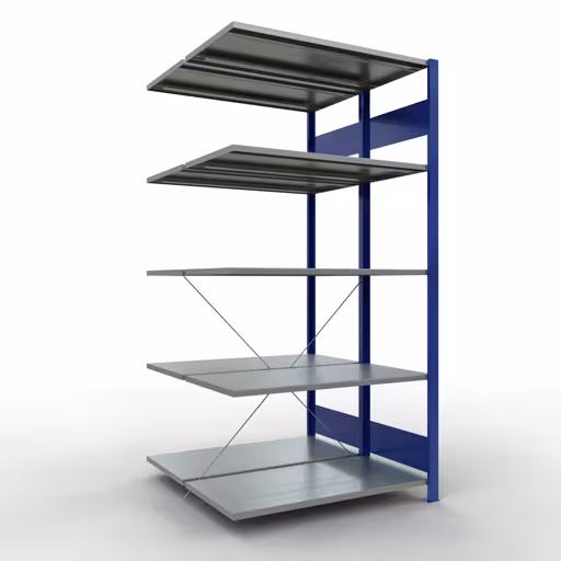 Anbauregal, Doppelregal, Fachbodenregal Stecksystem MULTIplus150, 2000 x 1000 x (2x500) mm (HxBxT), 2x5 Fachböden, Kreuzstrebe, RAL 5010 enzianblau aus der Kategorie Doppelregale mit der Artikelnummer 32755-B