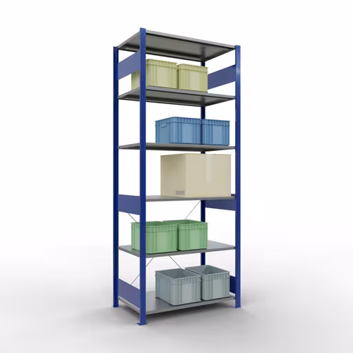 Grundregal, Fachbodenregal Stecksystem MULTIplus85, 2500 x 1000 x 600 mm (HxBxT), 6 Fachböden, Kreuzstrebe, RAL 5010 enzianblau von der Marke Schulte Lagertechnik aus der Produktreihe Stecksystem