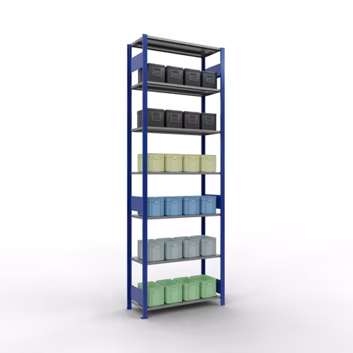 Abbildung Nr 13 des Artikels Grundregal, Fachbodenregal Stecksystem MULTIplus85, 3000 x 1000 x 400 mm (HxBxT), 7 Fachböden, Längenriegel, RAL 5010 enzianblau aus der Produktgruppe Stecksystem von der Marke Schulte Lagertechnik