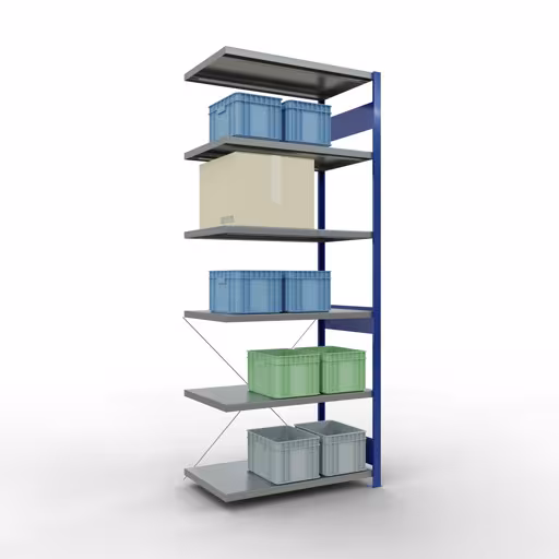 Anbauregal, Fachbodenregal Stecksystem MULTIplus250, 2500 x 1000 x 600 mm (HxBxT), 6 Fachböden, Kreuzstrebe, RAL 5010 enzianblau/verzinkt mit der GTIN 4004514283856 Anbauregal, Fachbodenregal Stecksystem MULTIplus250, 2500 x 1000 x 600 mm (HxBxT), 6 Fachböden, Kreuzstrebe, RAL 5010 enzianblau/verzinkt von Schulte Lagertechnik mit der Artikelnr. 12966-B