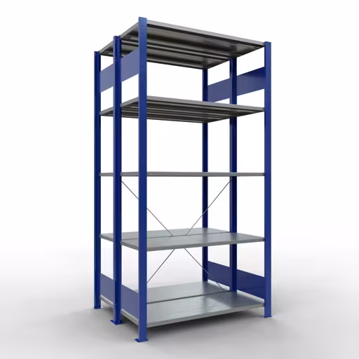 Grundregal, Doppelregal, Fachbodenregal Stecksystem MULTIplus150, 2000 x 1000 x (2x400) mm (HxBxT), 2x5 Fachböden, Kreuzstrebe, RAL 5010 enzianblau aus der Kategorie Doppelregale mit der Artikelnummer 32740-B
