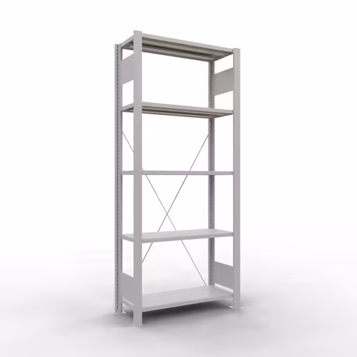 Grundregal, Büro-Fachbodenregal Stecksystem MULTIplus85, 1800 x 750 x 300 mm (HxBxT), 5 Fachböden, Kreuzstrebe, ohne Anschlagleiste, lichtgrau von der Marke Schulte Lagertechnik Grundregal, Büro-Fachbodenregal Stecksystem MULTIplus85, 1800 x 750 x 300 mm (HxBxT), 5 Fachböden, Kreuzstrebe, ohne Anschlagleiste, lichtgrau aus der Kategorie Stecksystem mit der Artikelnummer 36018