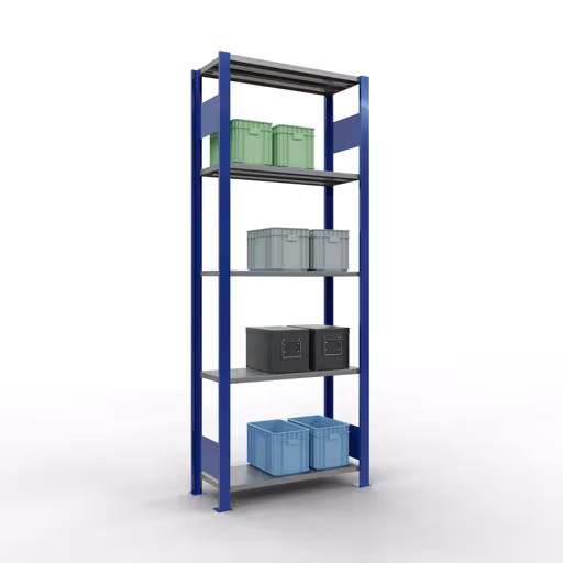 Zusatzbild des Artikels Grundregal, Fachbodenregal Stecksystem MULTIplus150, 2000 x 750 x 300 mm (HxBxT), 5 Fachböden, Längenriegel, RAL 5010 enzianblau/verzinkt/verzinkt aus Grundregal