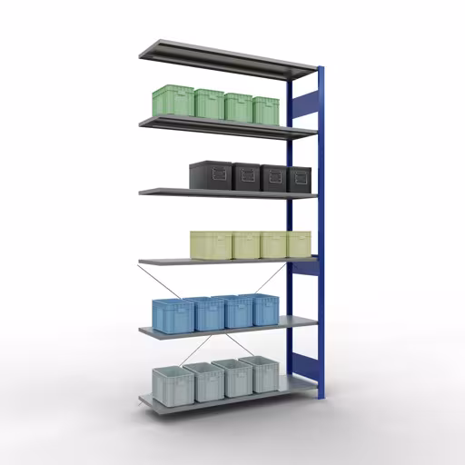 Produktbild Nr.15 des Artikels Anbauregal, Fachbodenregal Stecksystem MULTIplus150, 2500 x 1300 x 400 mm (HxBxT), 6 Fachböden, Kreuzstrebe, RAL 5010 enzianblau/verzinkt aus der Produktreihe Stecksystem von der Marke Schulte Lagertechnik