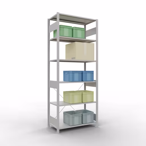 Abbildung Nr 16 des Artikels Grundregal, Fachbodenregal Stecksystem MULTIplus85, 2500 x 1000 x 500 mm (HxBxT), 6 Fachböden, Kreuzstrebe, RAL 7035 lichtgrau aus der Produktgruppe Stecksystem von der Marke Schulte Lagertechnik