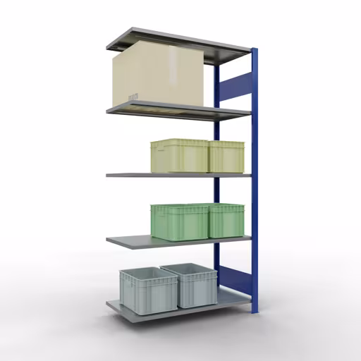 Anbauregal, Fachbodenregal Stecksystem MULTIplus150, 2000 x 1000 x 500 mm (HxBxT), 5 Fachböden, Längenriegel, RAL 5010 enzianblau/verzinkt mit der Artikelnr. 12755-LR-B Anbauregal, Fachbodenregal Stecksystem MULTIplus150, 2000 x 1000 x 500 mm (HxBxT), 5 Fachböden, Längenriegel, RAL 5010 enzianblau/verzinkt von Schulte Lagertechnik aus der Kategorie Stecksystem
