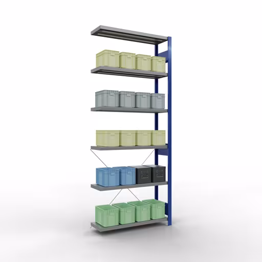 Anbauregal, Fachbodenregal Stecksystem MULTIplus250, 2500 x 1000 x 300 mm (HxBxT), 6 Fachböden, Kreuzstrebe, RAL 5010 enzianblau/verzinkt von der Marke Schulte Lagertechnik aus der Produktreihe Stecksystem