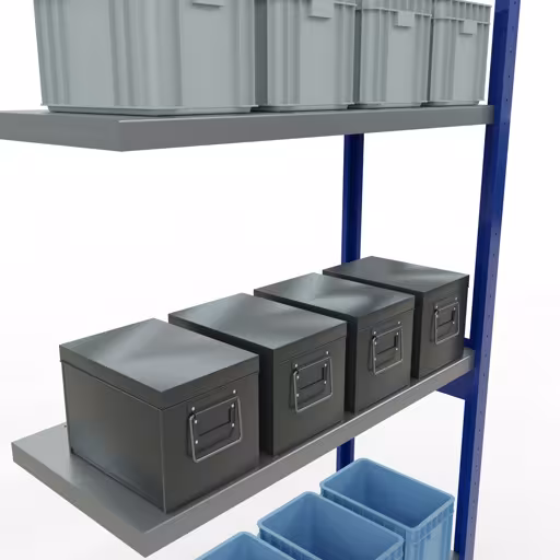 Zusatzbild des Artikels Anbauregal, Fachbodenregal Stecksystem MULTIplus250, 3000 x 1000 x 400 mm (HxBxT), 7 Fachböden, Längenriegel, RAL 5010 enzianblau/verzinkt aus Anbauregal