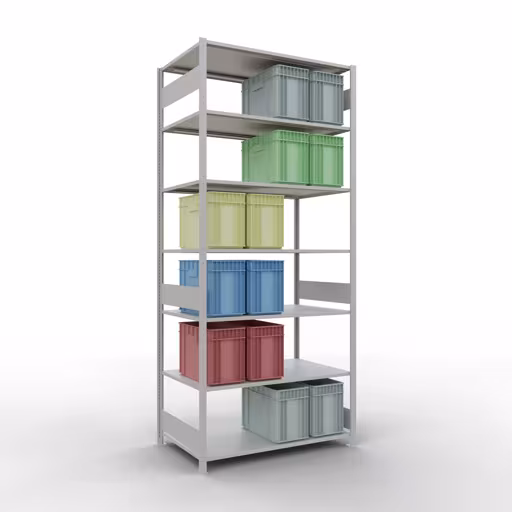 Grundregal, Fachbodenregal Stecksystem MULTIplus150, 3000 x 1300 x 800 mm (HxBxT), 7 Fachböden, Längenriegel, RAL 7035 lichtgrau mit der GTIN 4004514293497 Grundregal, Fachbodenregal Stecksystem MULTIplus150, 3000 x 1300 x 800 mm (HxBxT), 7 Fachböden, Längenriegel, RAL 7035 lichtgrau von Schulte Lagertechnik mit der Artikelnr. 32682-130-LR