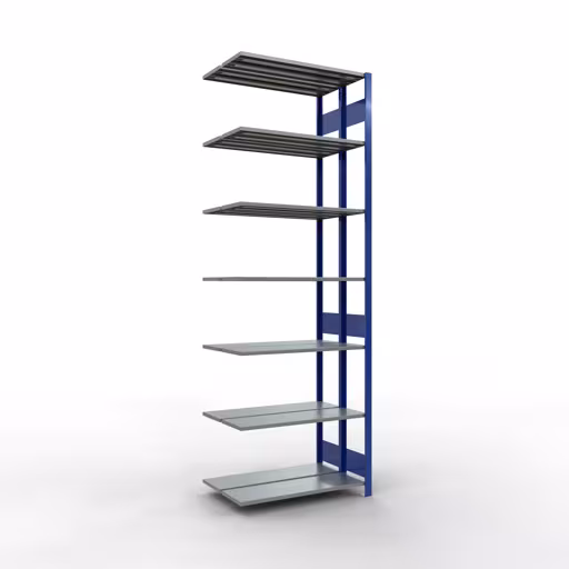 Anbauregal, Doppelregal, Fachbodenregal Stecksystem MULTIplus150, 3000 x 1000 x (2x300) mm (HxBxT), 2x7 Fachböden, Längenriegel, RAL 5010 enzianblau aus der Kategorie Doppelregale mit der Artikelnummer 33137-B