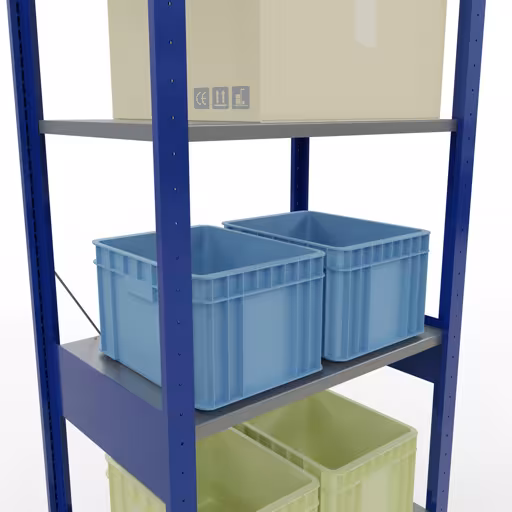 Andere Ansicht des Artikels Grundregal, Fachbodenregal Stecksystem MULTIplus150, 2500 x 750 x 500 mm (HxBxT), 6 Fachböden, Kreuzstrebe, RAL 5010 enzianblau/verzinkt/verzinkt aus der Kategorie Stecksystem