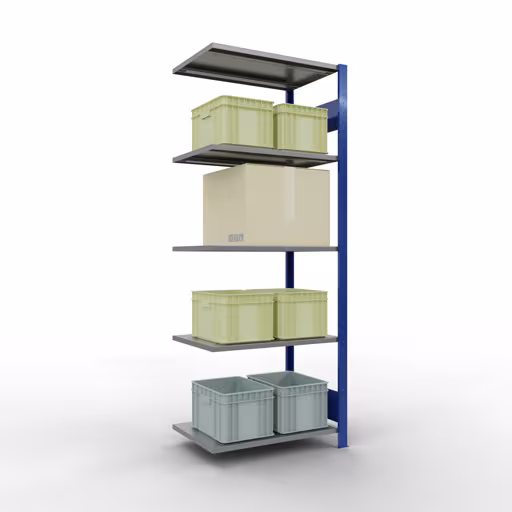 Anbauregal, Fachbodenregal Stecksystem MULTIplus150, 2000 x 750 x 500 mm (HxBxT), 5 Fachböden, Längenriegel, RAL 5010 enzianblau/verzinkt/verzinkt von der Marke Schulte Lagertechnik aus der Produktreihe Stecksystem
