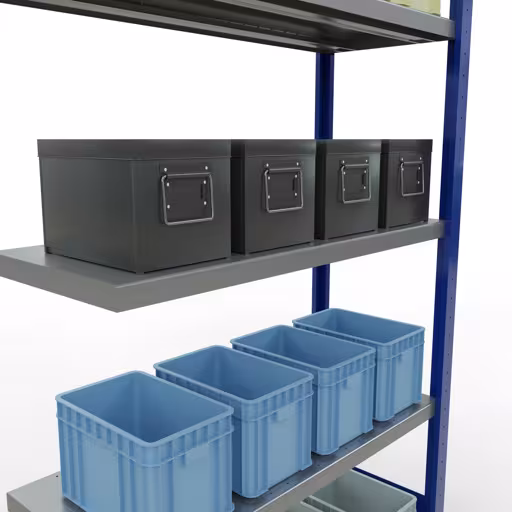Abbildung Nr 12 des Artikels Anbauregal, Fachbodenregal Stecksystem MULTIplus330, 2000 x 1000 x 400 mm (HxBxT), 5 Fachböden, Längenriegel, RAL 5010 enzianblau/verzinkt aus der Produktgruppe Stecksystem von der Marke Schulte Lagertechnik
