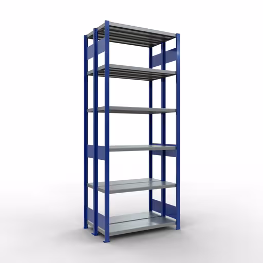 Grundregal, Doppelregal, Fachbodenregal Stecksystem MULTIplus250, 2500 x 1000 x (2x300) mm (HxBxT), 2x6 Fachböden, Längenriegel, RAL 5010 enzianblau aus der Kategorie Doppelregale mit der Artikelnummer 33231-B