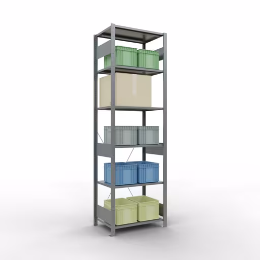 Grundregal, Fachbodenregal Stecksystem MULTIplus150, 2500 x 750 x 500 mm (HxBxT), 6 Fachböden, Kreuzstrebe, verzinkt mit der Artikelnr. 12751-75 Grundregal, Fachbodenregal Stecksystem MULTIplus150, 2500 x 750 x 500 mm (HxBxT), 6 Fachböden, Kreuzstrebe, verzinkt von Schulte Lagertechnik aus der Kategorie Stecksystem