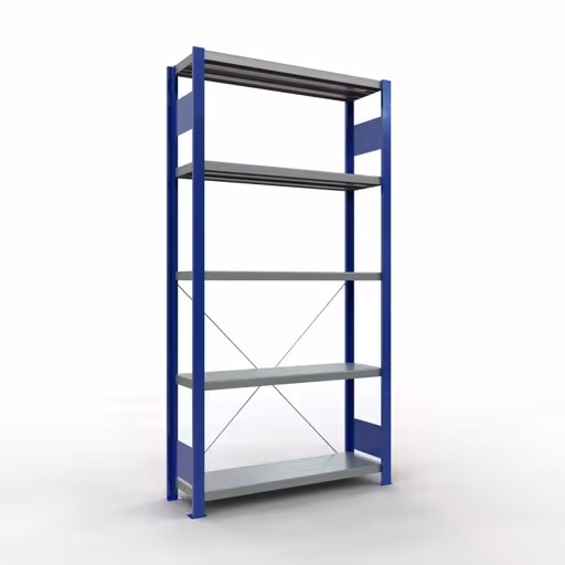 Grundregal, Fachbodenregal Stecksystem MULTIplus250, 2000 x 1000 x 300 mm (HxBxT), 5 Fachböden, Kreuzstrebe, RAL 5010 enzianblau/verzinkt aus der Kategorie Grundregal mit der Artikelnummer 12930-B