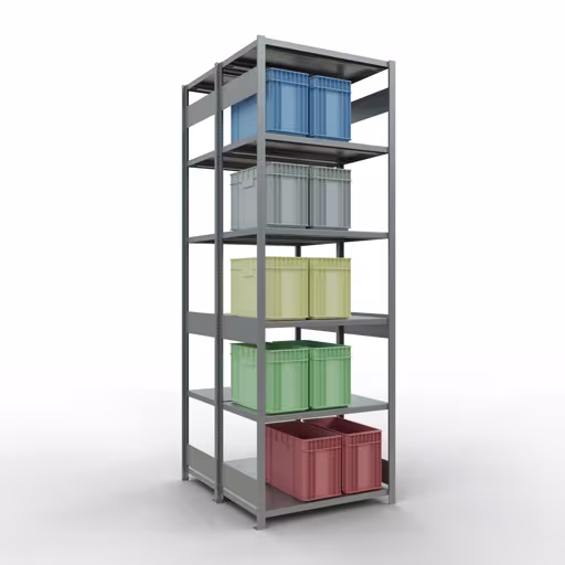 Grundregal, Doppelregal, Fachbodenregal Stecksystem MULTIplus250, 3000 x 1000 x (2x600) mm (HxBxT), 2x7 Fachböden, Längenriegel, verzinkt von der Marke Schulte Lagertechnik aus der Produktreihe Fachbodenregale