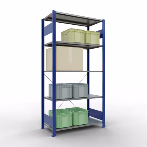 Produktbild Nr.12 des Artikels Grundregal, Fachbodenregal Stecksystem MULTIplus150, 2000 x 1000 x 500 mm (HxBxT), 5 Fachböden, Kreuzstrebe, RAL 5010/verzinkt aus der Produktreihe Stecksystem von der Marke Schulte Lagertechnik