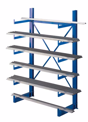 Grundregal, K 1000 Kragarmregal-Set, einseitig, 2000 x 1250 x 500 (HxBxT), RAL 5010 enzianblau aus der Kategorie K1000 für leichte Güter mit der Artikelnummer 14480