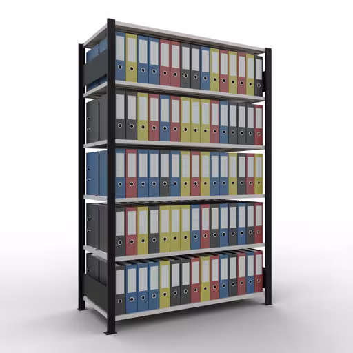 Produktbild Nr 11 des Artikels Grundregal, Büro-Fachbodenregal Stecksystem MULTIplus150, 2000 x 1300 x 600 mm (HxBxT), 6 Fachböden, Längenriegel, mit Mittelanschlag, schwarz/lichtgrau Abbildung Nr 11 des Artikels Grundregal, Büro-Fachbodenregal Stecksystem MULTIplus150, 2000 x 1300 x 600 mm (HxBxT), 6 Fachböden, Längenriegel, mit Mittelanschlag, schwarz/lichtgrau aus der Produktgruppe Büroregale von der Marke Schulte Lagertechnik