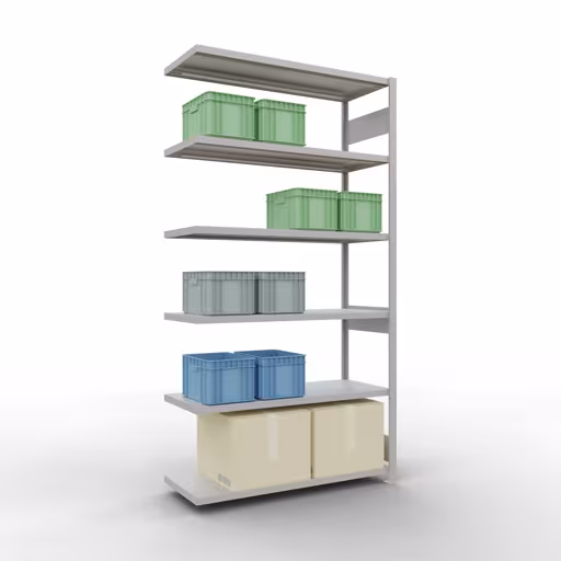 Abbildung Nr 12 des Artikels Anbauregal, Fachbodenregal Stecksystem MULTIplus250, 2500 x 1300 x 500 mm (HxBxT), 6 Fachböden, Längenriegel, RAL 7035 lichtgrau aus der Produktgruppe Stecksystem von der Marke Schulte Lagertechnik