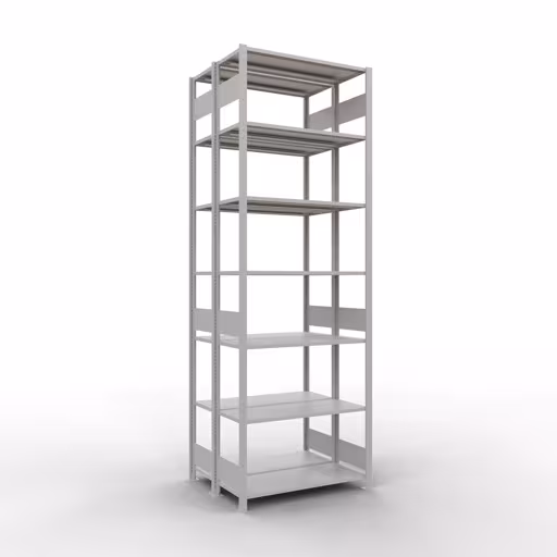 Grundregal, Doppelregal, Fachbodenregal Stecksystem MULTIplus150, 3000 x 1000 x (2x400) mm (HxBxT), 2x7 Fachböden, Längenriegel, RAL 7035 lichtgrau aus der Kategorie Doppelregale mit der Artikelnummer 33142
