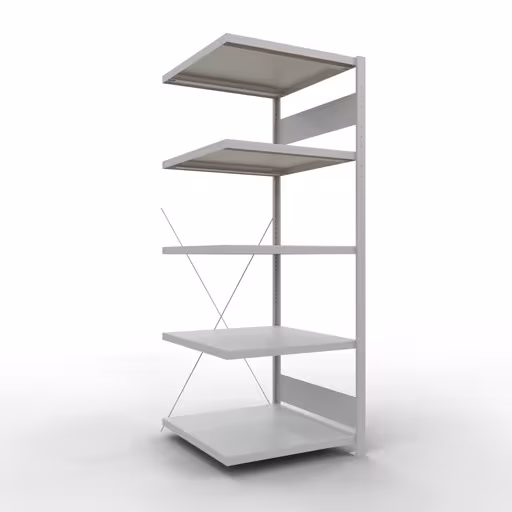 Anbauregal, Fachbodenregal Stecksystem MULTIplus250, 2000 x 750 x 800 mm (HxBxT), 5 Fachböden, Kreuzstrebe, RAL 7035 lichtgrau aus der Kategorie Anbauregal mit der Artikelnummer 32885-75