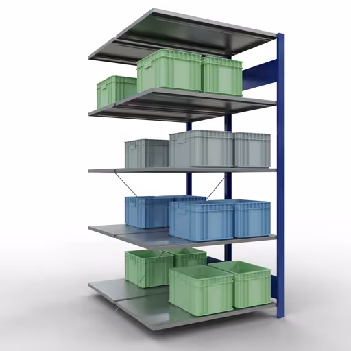 Anbauregal, Doppelregal, Fachbodenregal Stecksystem MULTIplus150, 2000 x 1000 x (2x600) mm (HxBxT), 2x5 Fachböden, Kreuzstrebe, RAL 5010 enzianblau von Schulte Lagertechnik aus der Kategorie Fachbodenregale