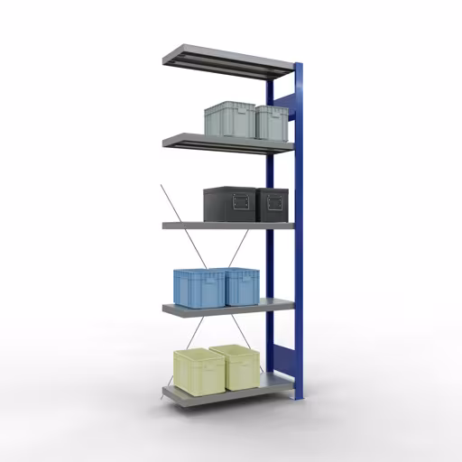 Abbildung Nr 15 des Artikels Anbauregal, Fachbodenregal Stecksystem MULTIplus250, 2000 x 750 x 300 mm (HxBxT), 5 Fachböden, Kreuzstrebe, RAL 5010 enzianblau/verzinkt/verzinkt aus der Produktgruppe Stecksystem von der Marke Schulte Lagertechnik