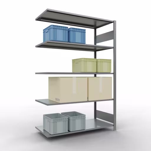 Produktbild Nr.15 des Artikels Anbauregal, Fachbodenregal Stecksystem MULTIplus150, 2000 x 1300 x 600 mm (HxBxT), 5 Fachböden, Längenriegel, verzinkt aus der Produktreihe Stecksystem von der Marke Schulte Lagertechnik