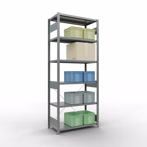 Zusatzbild des Artikels Grundregal, Fachbodenregal Stecksystem MULTIplus250, 2500 x 1000 x 500 mm (HxBxT), 6 Fachböden, Kreuzstrebe, verzinkt aus Grundregal