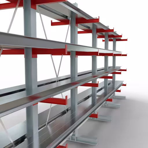 Abbildung Nr 9 des Artikels K 3000 Komplettregal, doppelseitig, 2500 x 6500 x 400 mm, RAL 7001 / RAL 3000, 5 Lagerebenen aus der Produktgruppe Kragarmregale von der Marke Schulte Lagertechnik