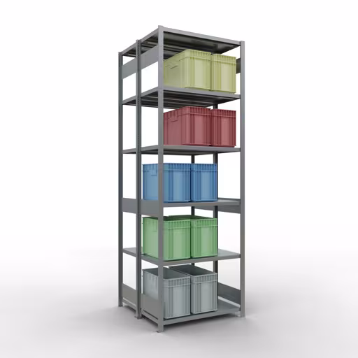 Grundregal, Doppelregal, Fachbodenregal Stecksystem MULTIplus250, 3000 x 1000 x (2x500) mm (HxBxT), 2x7 Fachböden, Längenriegel, verzinkt mit der GTIN 4058255035601 Grundregal, Doppelregal, Fachbodenregal Stecksystem MULTIplus250, 3000 x 1000 x (2x500) mm (HxBxT), 2x7 Fachböden, Längenriegel, verzinkt von Schulte Lagertechnik mit der Artikelnr. 17952