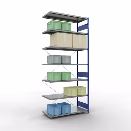 Anbauregal, Fachbodenregal Stecksystem MULTIplus250, 3000 x 1300 x 600 mm (HxBxT), 7 Fachböden, Kreuzstrebe, RAL 5010 enzianblau/verzinkt von der Marke Schulte Lagertechnik aus der Produktreihe Stecksystem