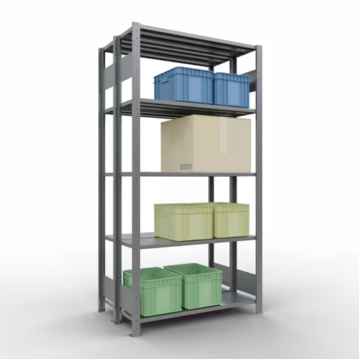 Abbildung Nr 16 des Artikels Grundregal, Doppelregal, Fachbodenregal Stecksystem MULTIplus150, 2000 x 1000 x (2x300) mm (HxBxT), 2x5 Fachböden, Längenriegel, verzinkt aus der Produktgruppe Fachbodenregale von der Marke Schulte Lagertechnik