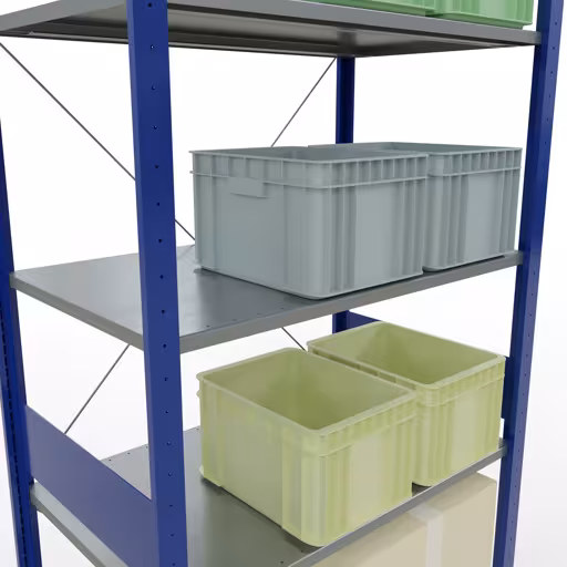 Zusatzbild des Artikels Grundregal, Fachbodenregal Stecksystem MULTIplus150, 3000 x 1000 x 600 mm (HxBxT), 7 Fachböden, Kreuzstrebe, RAL 5010/verzinkt aus Grundregal