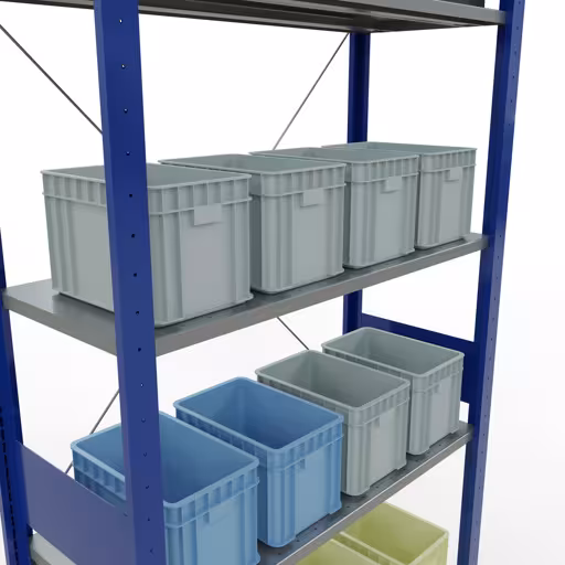 Produktbild Nr.8 des Artikels Grundregal, Fachbodenregal Stecksystem MULTIplus150, 3000 x 1000 x 400 mm (HxBxT), 7 Fachböden, Kreuzstrebe, RAL 5010/verzinkt aus der Produktreihe Stecksystem von der Marke Schulte Lagertechnik