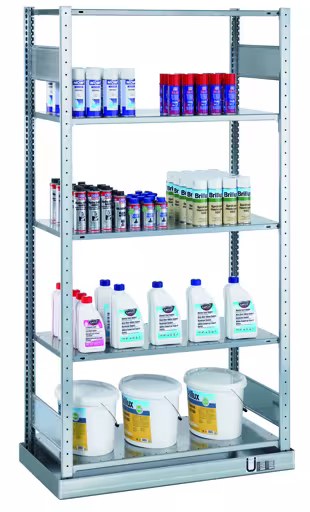 Grundregal, Kleingebinderegal MULTIplus150, 2000 x 1000 x 500 mm (HxBxT), verzinkt, mit Auffangwanne (Volumen: 36 Liter) und 5 Fachböden aus der Kategorie Umweltregale mit der Artikelnummer 14944
