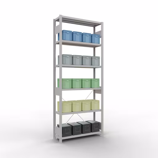 Zusatzbild des Artikels Grundregal, Fachbodenregal Stecksystem MULTIplus250, 2500 x 1000 x 300 mm (HxBxT), 6 Fachböden, Kreuzstrebe, RAL 7035 lichtgrau aus Grundregal